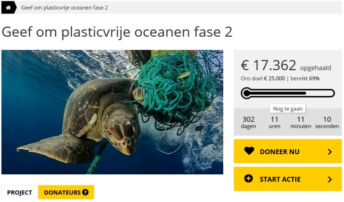 Scereenshot van de crowdfunding website van Geef om plasticvrije oceanen (fase 2)